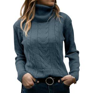Womens Navy Pull On Cable Knit Turtleneck Long Sleeve Casual Warm Sweaters